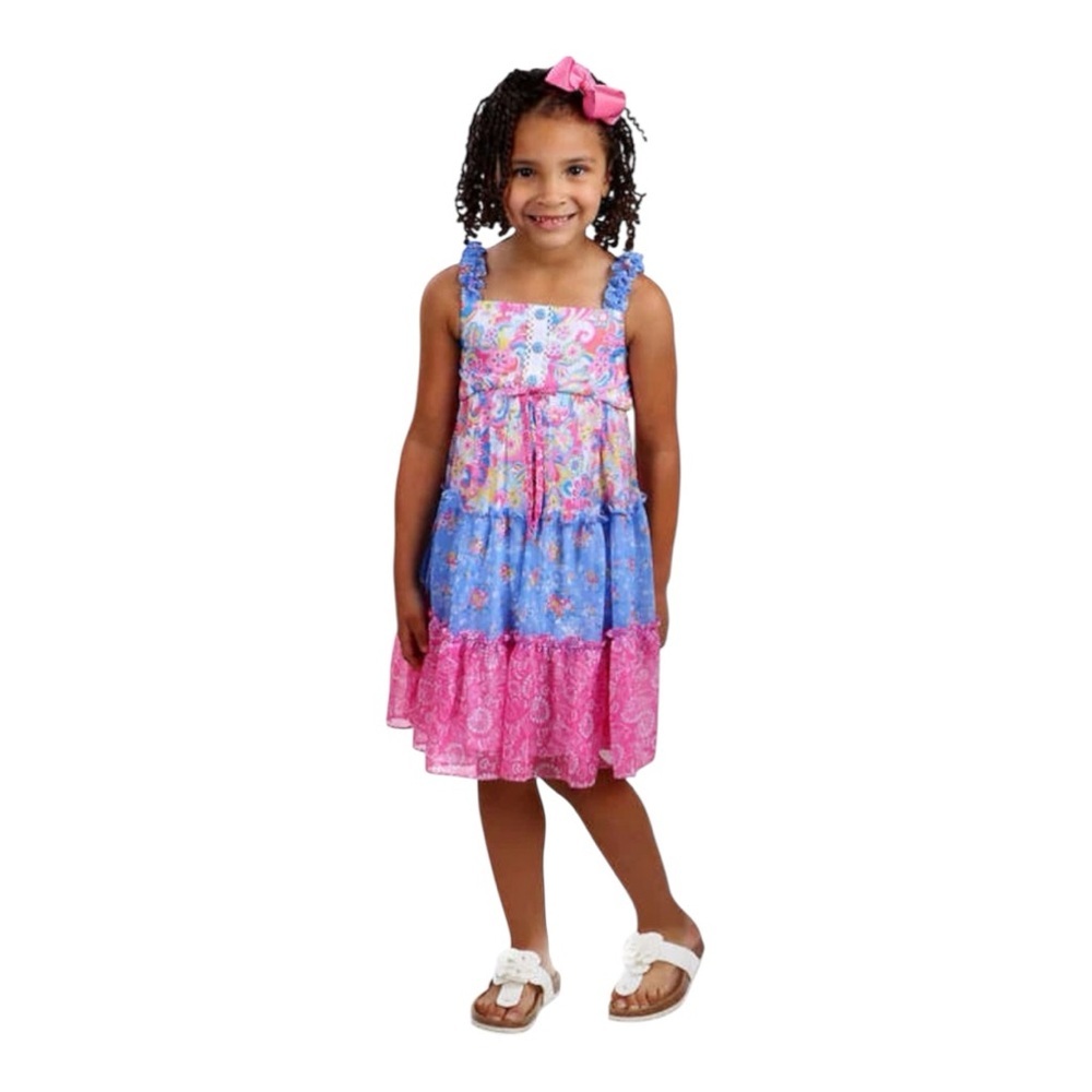 Girls Jona Michelle Blue and Pink Floral Multi 3 tier Dress